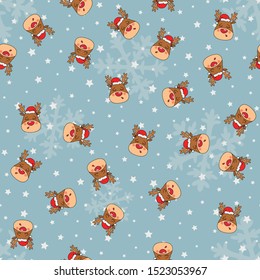 Seamless Christmas pattern with Rednosed Reindeer on a background snowfall and shooting stars. Perfect for gift wrapping paper or background for holiday designs