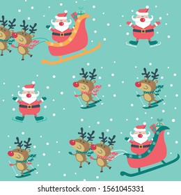 Seamless Christmas pattern with reindeer and Santa in sleigh on blue background. Vector illustration.