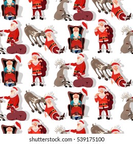 Seamless christmas pattern. Reindeer, santa, tree and snowflakes on red background.