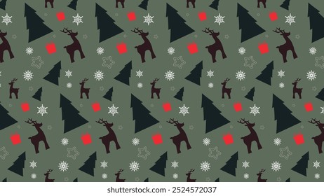 Patrón de Navidades sin fisuras con renos, árboles, adornos, regalos, copos de nieve. Adecuado para envolver papel, tela, fondo.