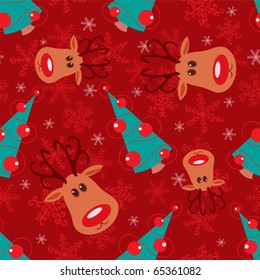 Seamless christmas pattern. Reindeer, tree and snowflakes on red background.