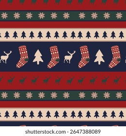 Seamless Christmas Pattern with Reindeer Trees Stockings and Festive Stripes