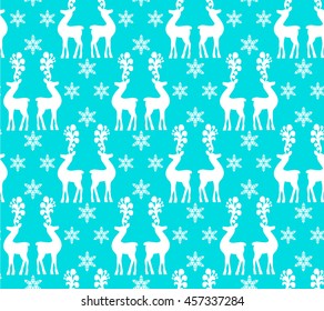 Seamless Christmas pattern with reindeers and snowflakes on turquoise background