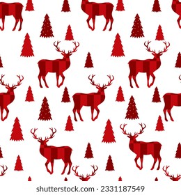 Seamless Christmas pattern - reindeers with trees on white background.