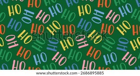 Seamless Christmas pattern with repeating ho ho ho text on a dark green background. Festive typography New Year design for wrapping paper, greeting cards, holiday projects, and seasonal xmas themes.