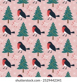 Seamless Christmas pattern. Repeating pattern for Christmas and New Year with tit and Christmas tree. Vector.