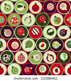 Seamless Christmas pattern in retro style. Scandinavian style. Multicolored christmas balls Seamless pattern. Geometric seamless pattern with Christmas balls. Christmas background for web pages.