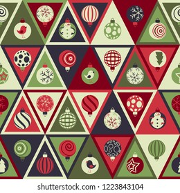 Seamless Christmas pattern in retro style. Scandinavian style. Multicolored christmas balls Seamless pattern. Geometric seamless pattern with Christmas balls. Christmas gift wrapping paper.