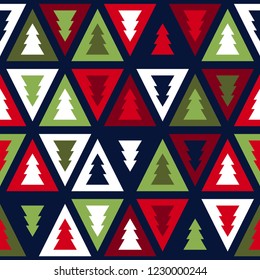 Seamless Christmas pattern in retro style. Geometric ornament with Christmas trees. Scandinavian texture. Triangle background. Vector background for fabric, wallpaper, advertising posters