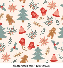 Seamless christmas pattern retro style with gingerbread cookies