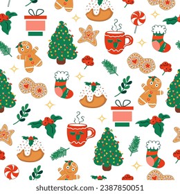 Seamless christmas pattern retro style with gingerbread man, cookies, tree, giftbox, candy cane, holly leaves on white background. Cute cartoon christmas elements Hand Drawn style. Christmas Template.