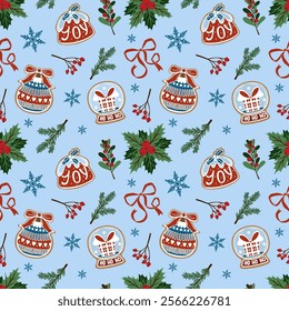 Seamless Christmas pattern in retro style with gingerbread cookies and winter plants. Winter holidays texture. Vector illustration. Christmas design for decor, wallpapers, wrapping paper