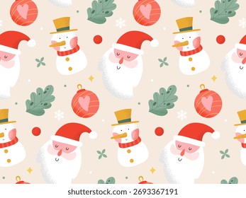 Estilo retrô padrão de Natal sem costura com Papai Noel e boneco de neve