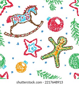 Seamless Christmas pattern with rocking horse and gingerbread cookie, ball. Hand drawing cute cartoon background. Fir tree and snow. Crayon, pastel chalk, kid pencil funny doodle simple vector stroke