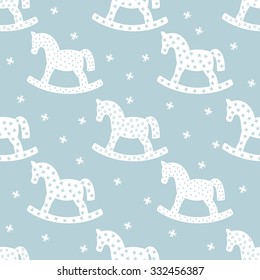 Seamless christmas pattern with rocking horses. Winter holidays vector background. Cute baby shower background. Child play illustration.