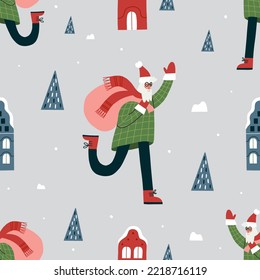 Seamless Christmas pattern with running Santa Claus. Festive winter wallpaper. Background for gift wrapping.