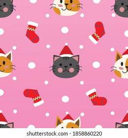 Patrón de Navidad sin inconvenientes con Santa Gata, nieve, medias en fondo rosado.