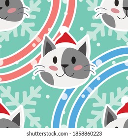 Seamless Christmas pattern with Santa cat, snowflakes on green background.