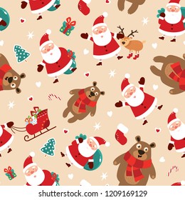 Seamless Christmas pattern. Christmas pattern with Santa Claus, a deer, a bear and gifts. Vector illustration.