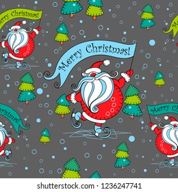 Seamless Christmas pattern. Santa Claus on skates. Cartoon. Christmas tree.  Vector.
