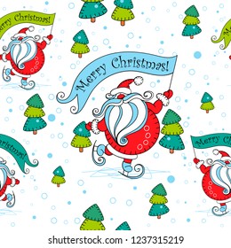 Seamless Christmas pattern. Santa Claus on skates. Cartoon. Christmas tree.  Vector.