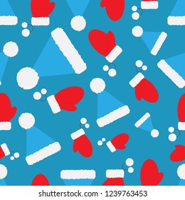 Seamless Christmas pattern . Santa Claus hat and gloves. Red and blue color.