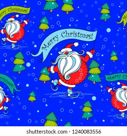 Seamless Christmas pattern. Santa Claus on skates. Cartoon. Christmas tree.  Vector.