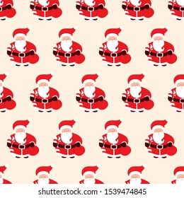 Seamless Christmas pattern with Santa Claus, sugar cane and presents bag. Cartoon character of a man with beard. Vector illustration