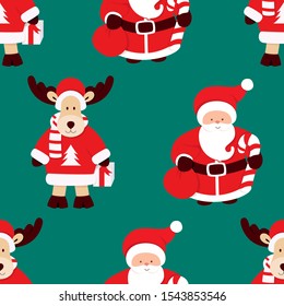 Seamless Christmas pattern with Santa Claus and deer, sugar cane and presents bag. Cartoon character of a man with beard. Vector illustration
