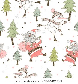 Seamless Christmas pattern with Santa Claus and snowman skating. Vector.