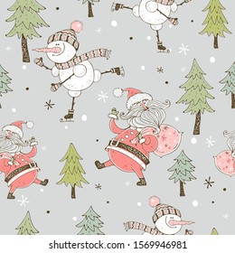 Seamless Christmas pattern with Santa Claus and snowman skating. Vector.