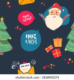 Seamless Christmas pattern with Santa claus, tree, letter, decoration, snowflakes, penguin, and boxes. vector illustration, Textured background for poster, card textile, wallpaper template