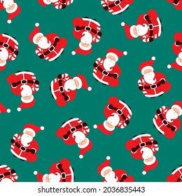 Seamless Christmas pattern with Santa Claus, sugar cane and presents bag