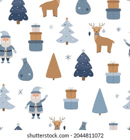 Seamless Christmas pattern. Santa Claus, reindeer, gift boxes, Christmas tree. Vector children's illustration