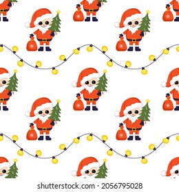 Seamless Christmas pattern with Santa Claus and garland. Bright print for New Year and winter holiday, wrapping paper, textiles and designs.