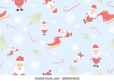 Seamless Christmas pattern with Santa Claus, trees, snowflakes and sweets on a blue pastel background. Vector endless illustration for printing packaging, wrapping paper, textiles and bedding.