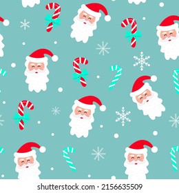 Seamless Christmas pattern with Santa Claus, candy cane, snowflakes and snow. Vector illustration