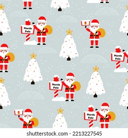 Seamless christmas pattern with santa claus and north pole on gray background for wrapping paper or textile print, winter wallpaper for kids