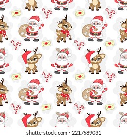 Seamless Christmas pattern with Santa Claus and reindeer, vector illustration