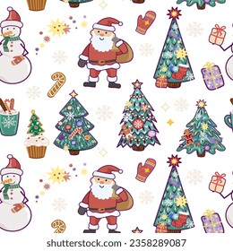 Seamless Christmas pattern with Santa Claus, snowman, Christmas tree, gifts and sweets.