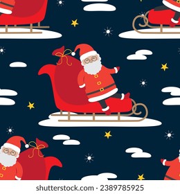 Seamless Christmas pattern with Santa Claus in sledge in cartoon style