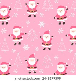 Patrón de Navidad sin costuras con Papá Noel y nieve sobre fondo rosa para diseños de vacaciones. Lindo patrón noel para el Fondo de pantalla de la tarjeta de la tela del papel de envoltura de impresión.