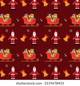 Seamless Christmas pattern with Santa Claus, sleigh and gifts. Vector illustration.