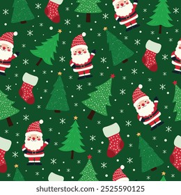 Seamless Christmas pattern with Santa Claus, Christmas trees and Christmas stocking. Vector.