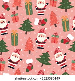 Seamless Christmas pattern with Santa Claus, trees, gifts and Christmas stocking. Vector.