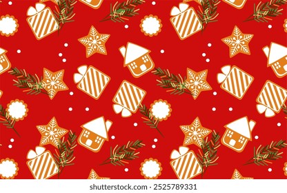 Seamless Christmas pattern with Santa Claus, snowman, tree, ornaments, gift, sock, candy cane, sweets, snowflakes, reindeer. Suitable for paper, construction.