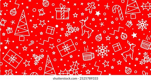 Seamless Christmas pattern with Santa Claus, snowman, tree, ornaments, gift, sock, candy cane, sweets, snowflakes, reindeer. Suitable for paper, construction.