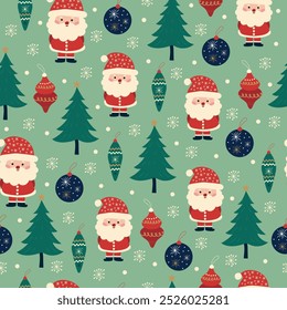 Seamless Christmas pattern with Santa Claus, Christmas tree and toys. Vector.