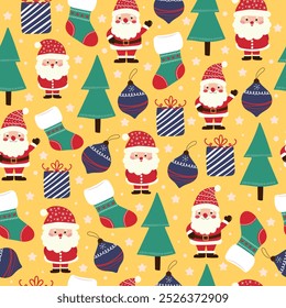 Patrón de Navidades sin fisuras con Santa Claus, árboles y juguetes. Navidades y fondo de año Nuevo para el embalaje, tela. Vector.