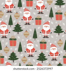 Seamless Christmas pattern with Santa Claus, trees, snow and gifts. Christmas and New Year background for packaging, fabric. Vector.